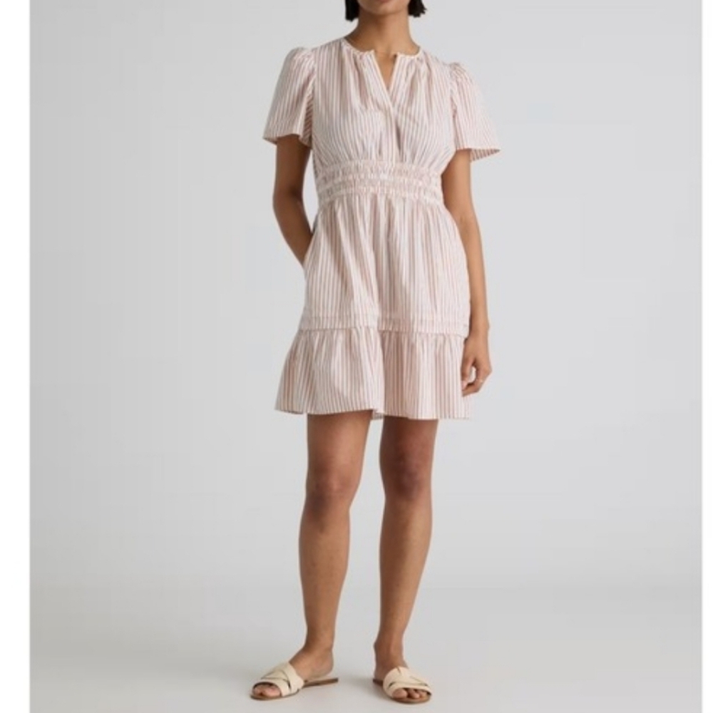 Quince 100% Organic Cotton Poplin Tiered Mini Dress Striped White Terracotta